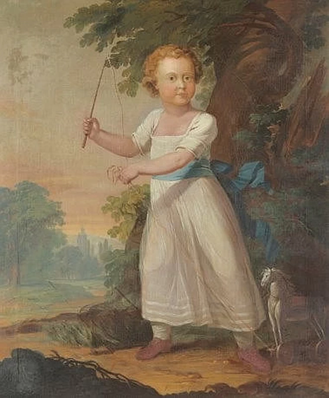 Ritratto di bambino, a figura intera, in abito bianco, con un cavallo giocattolo, in un paesaggio